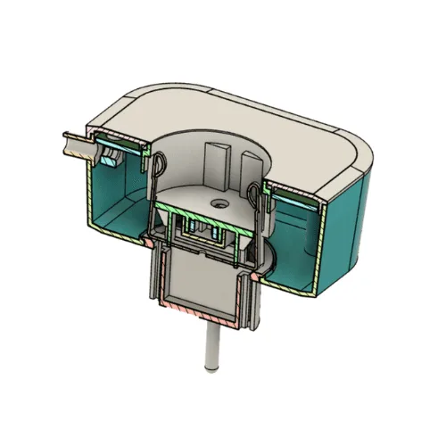 Exploded CAD view of the enclosure and internals.