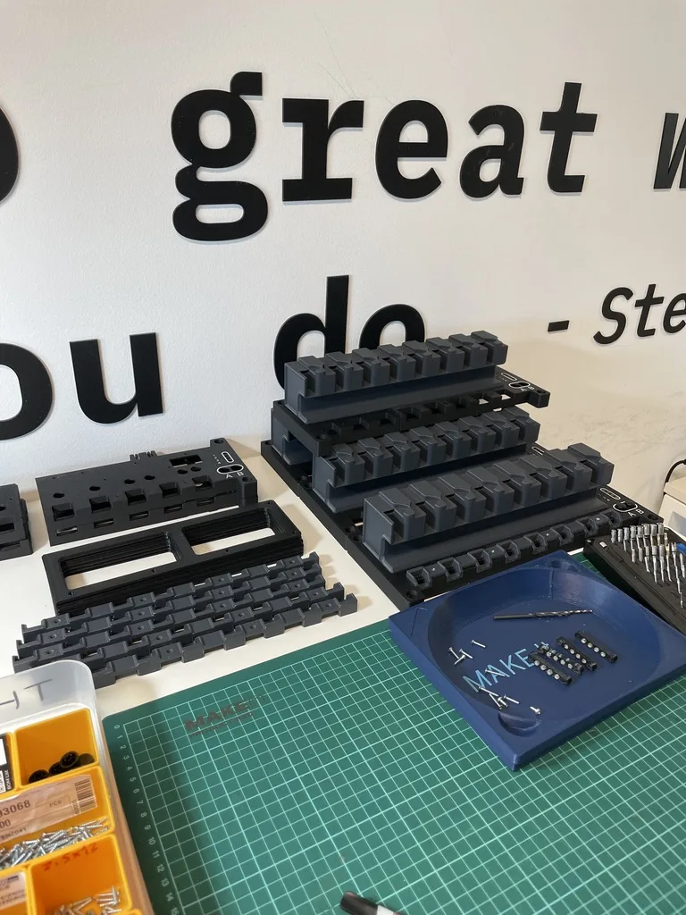 A batch of 3D-printed parts in production.