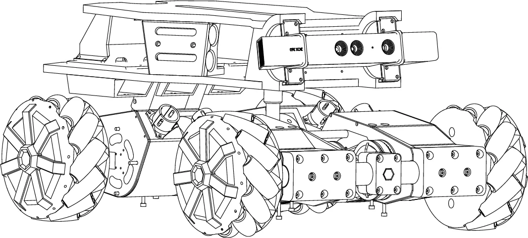 Desenho CAD do MAKE IT robot, com rodas mecanum