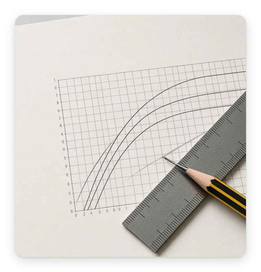 A ruler and pencil on a printed datasheet graph